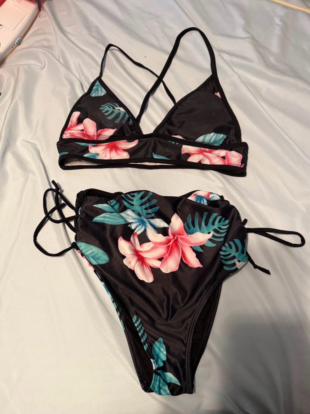 SHEIN Black Tropical Floral Triangle Bikini Set with Pink & Teal Accents